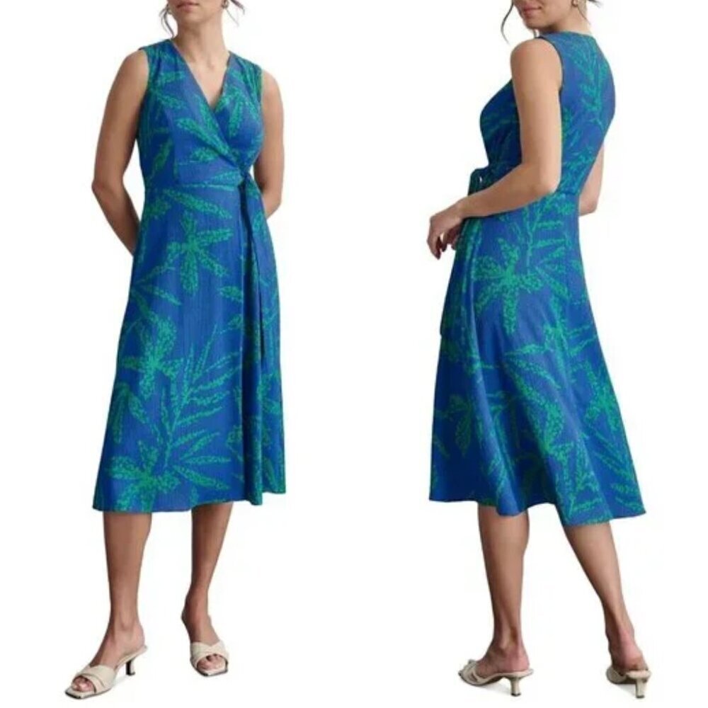 NWT DKNY by Donna Karan Sleeveless V-Neck Tie Waist Printed Faux Wrap Midi Dress